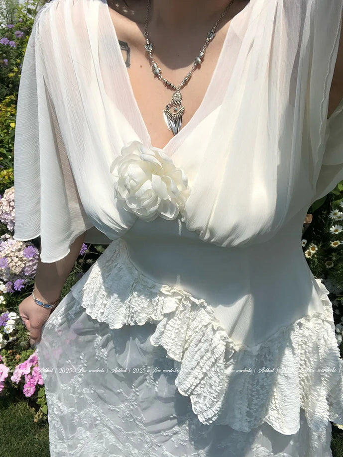 Ivory Garden Bloom Dress with Lace Ruffles