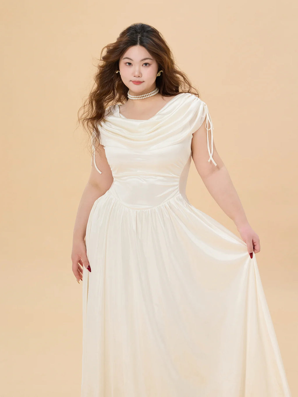 White Satin Glow Plus Size Dress with Ruched Shoulders