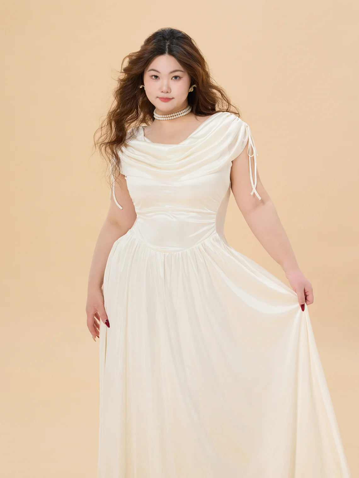 White Satin Glow Plus Size Dress with Ruched Shoulders
