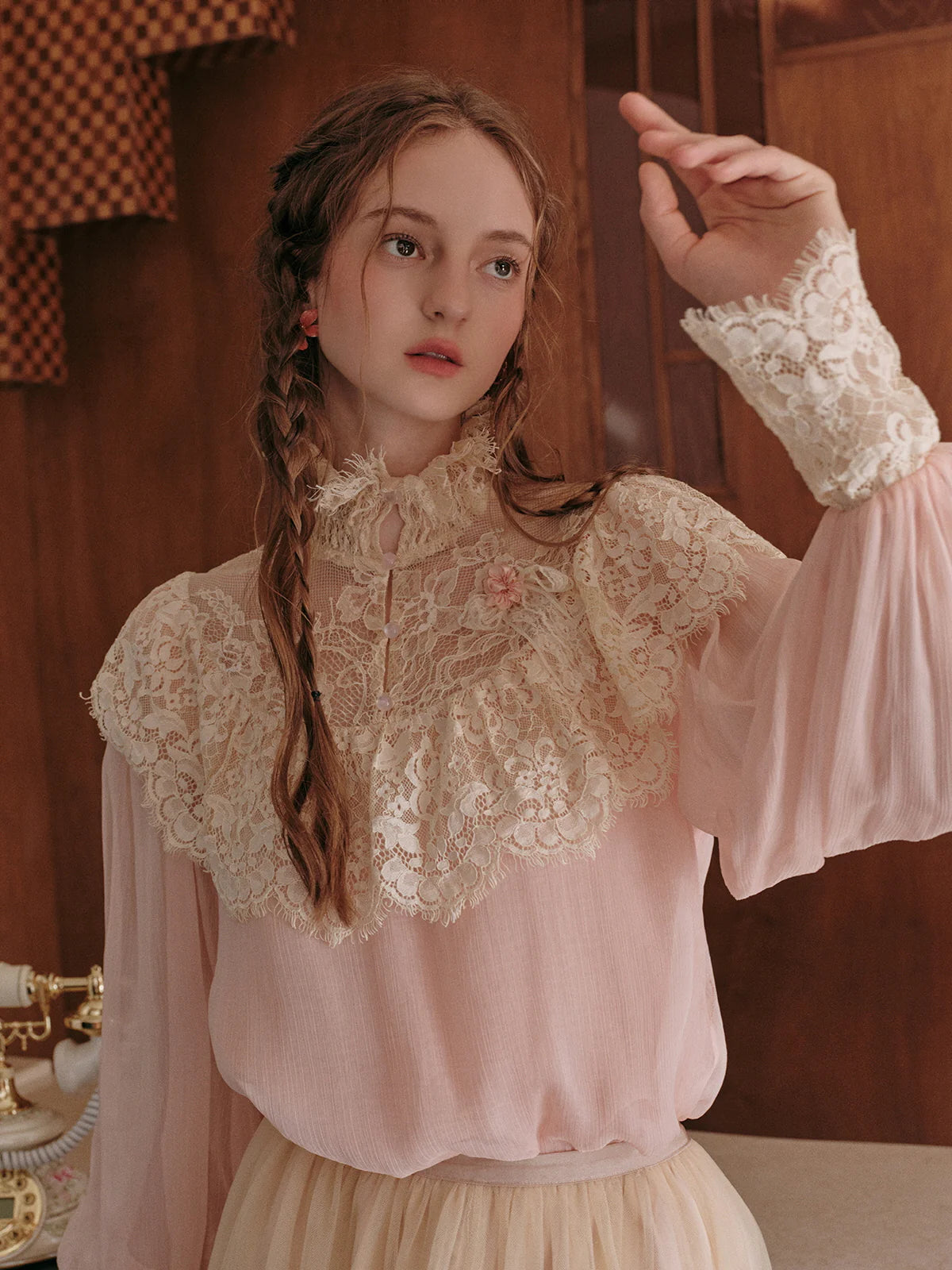 Vintage Lace Embellished Blush Pink Blouse