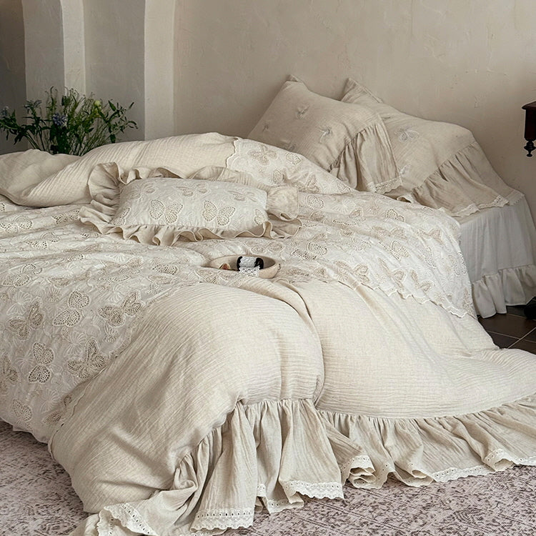Ivory Butterfly Lace Ruffle Bedding Set