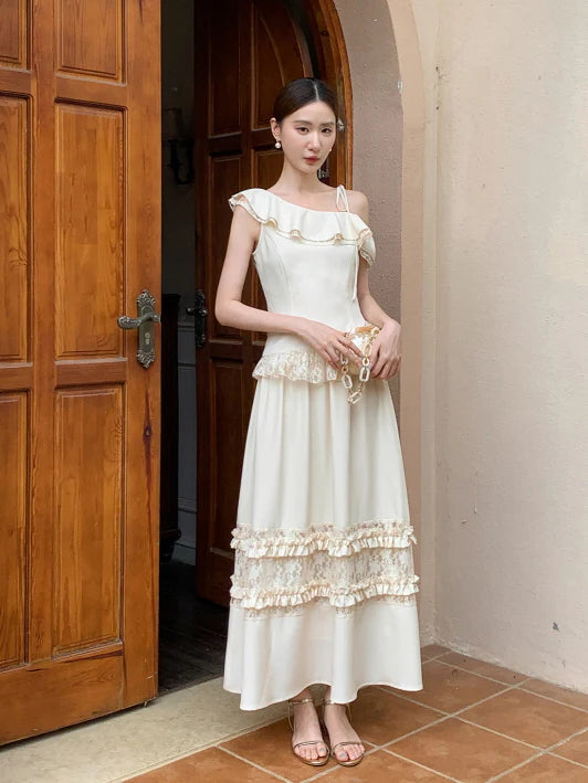 Ivory Ribbon Shoulder Ruffle Top & Skirt