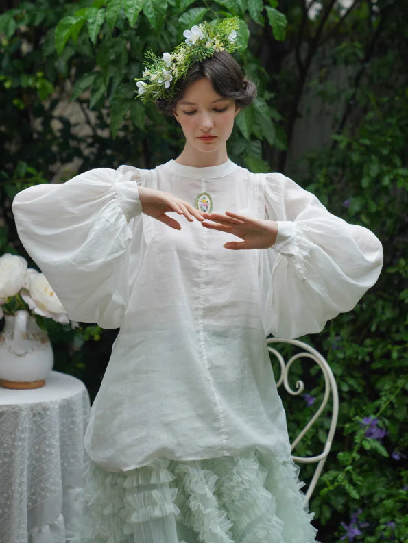 Embroidered Floral Brooch Linen Cotton Blouse
