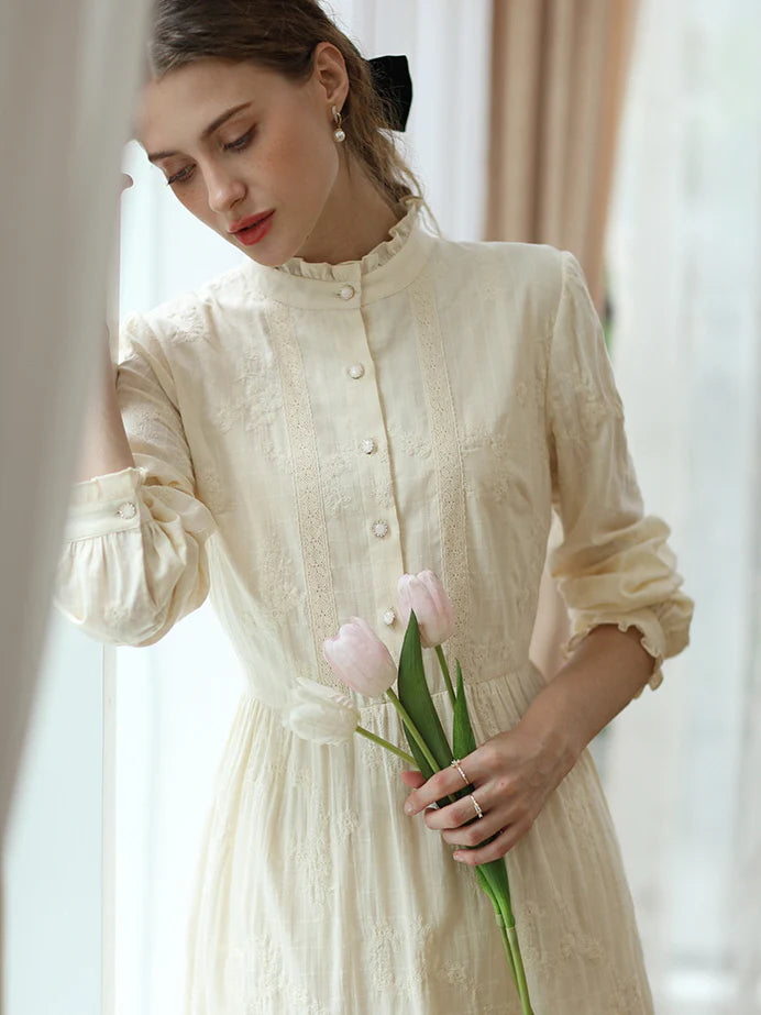 Vintage-Inspired Floral Embroidered Cotton Dress