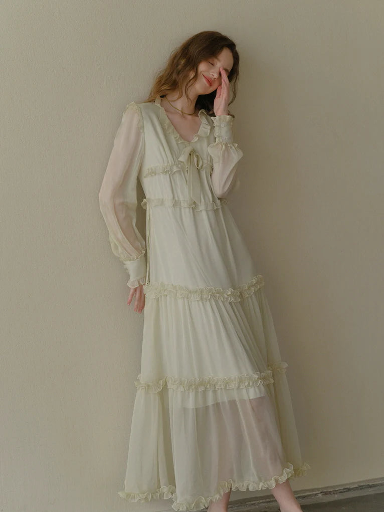Soft Cream Ruffle Tiered Sheer Dress
