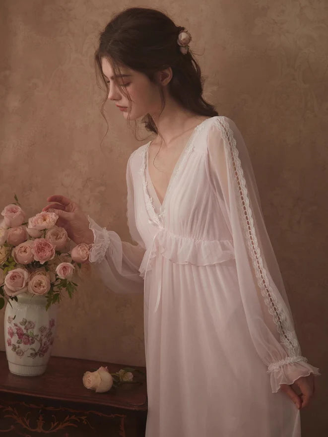 Ethereal Lace Trim Long Sleeve Nightgown