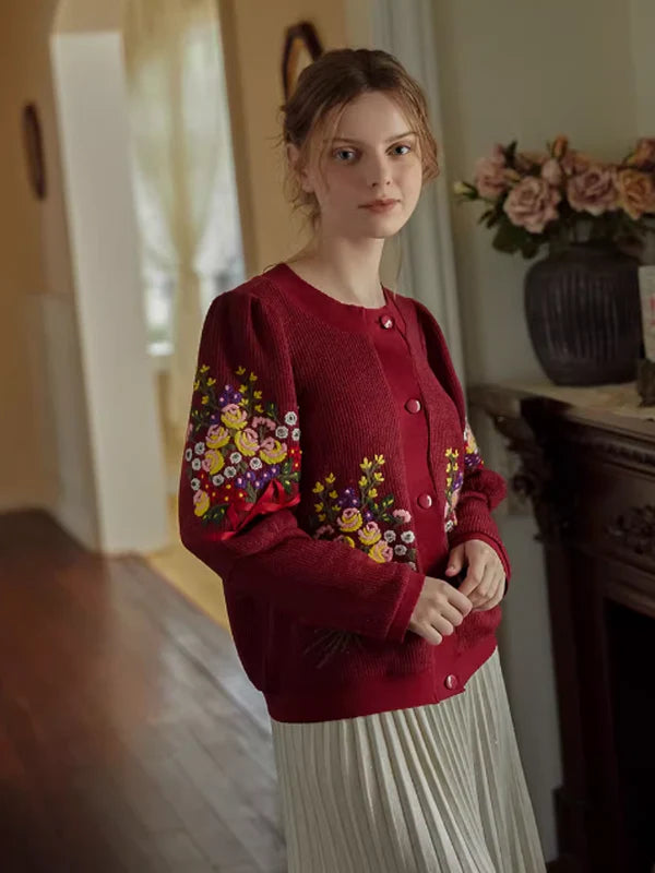 Floral Embroidered Ruby Cardigan