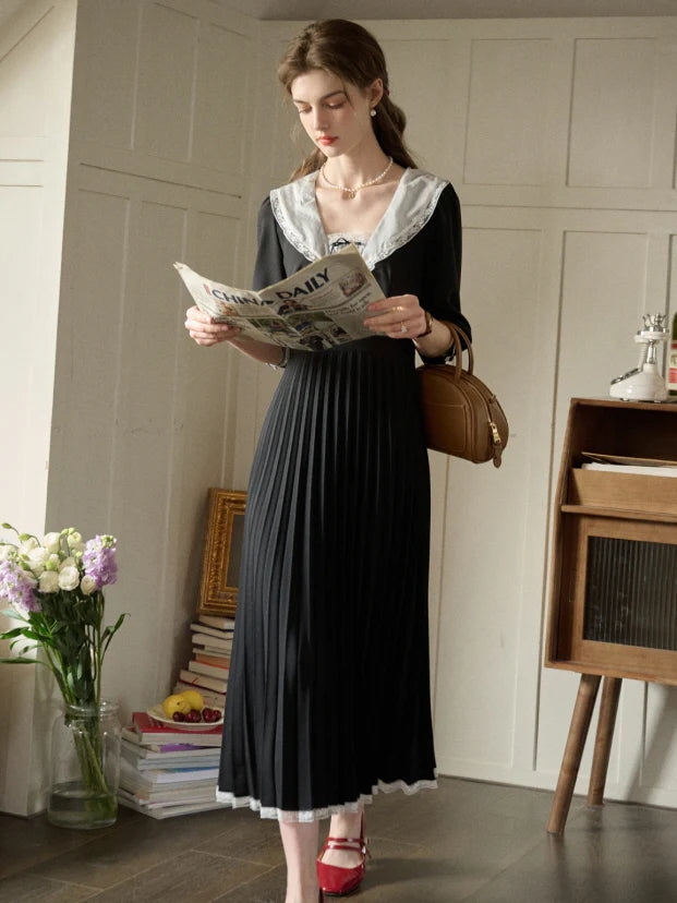 Lace Collar Pleated Black Dress