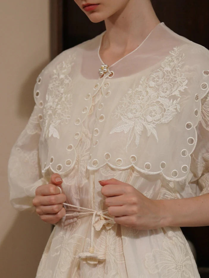 Embroidered Shawl Collar Tiered Dress