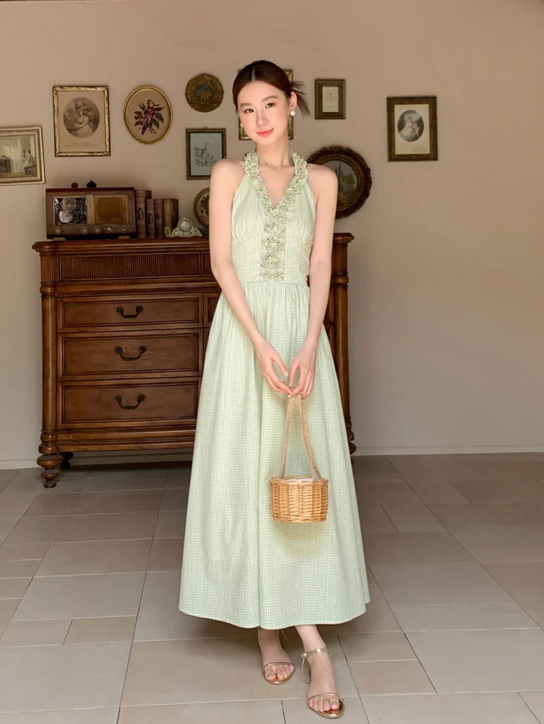 Romantic Green Gingham Halter Dress
