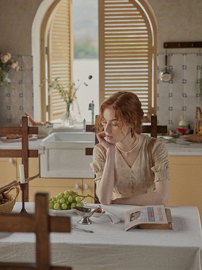 Vintage Lace Buttoned Puff Sleeve Dress