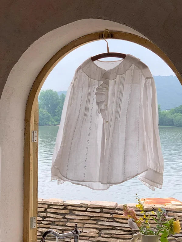 Delicate Ruffle Collar Ramie Blouse