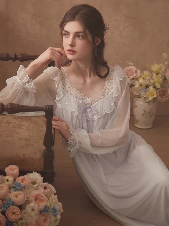 Ethereal Lace-Embroidered Long Nightdress