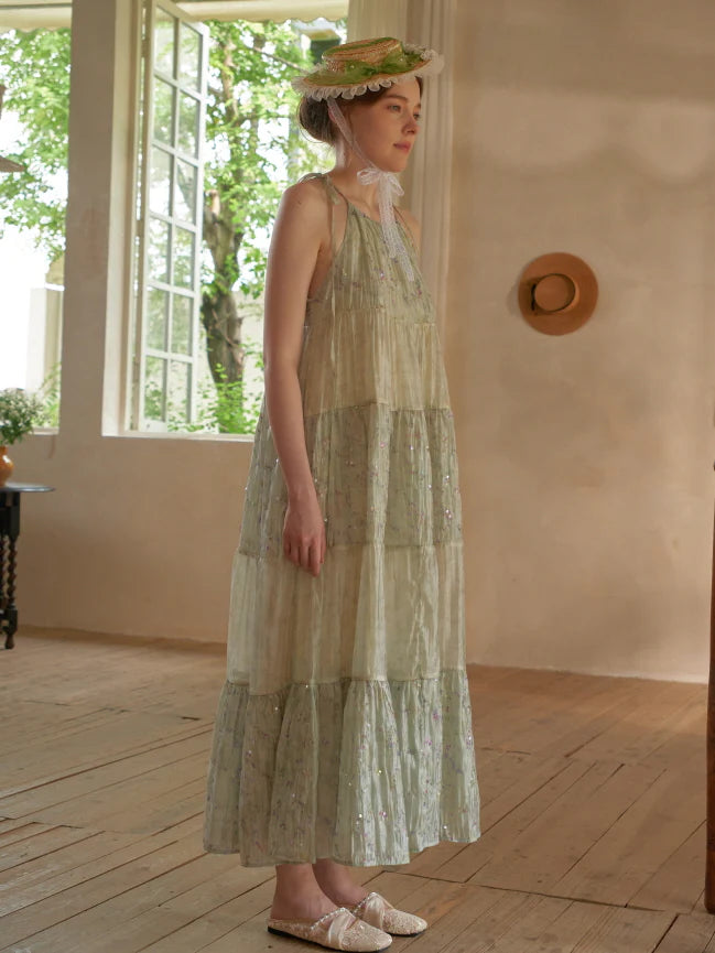 Pastel Green Floral Two-Piece Set – Sheer Cardigan & Tiered Dress