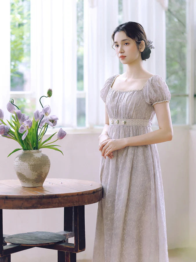 Lavender Bloom Embroidered Waist Dress