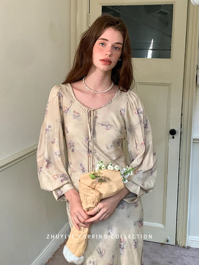 Vintage Bloom Sheer Sleeve Dress