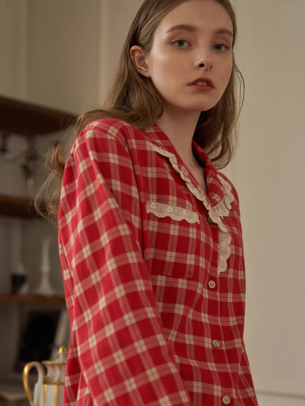 Cherrywood Check Lace Pajama Set