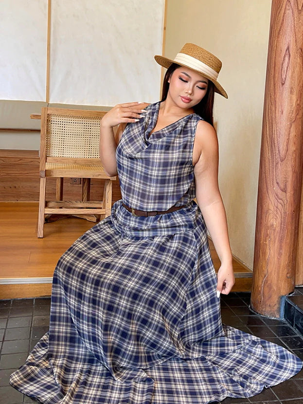 Vintage Check Sleeveless Top & Maxi Skirt Set