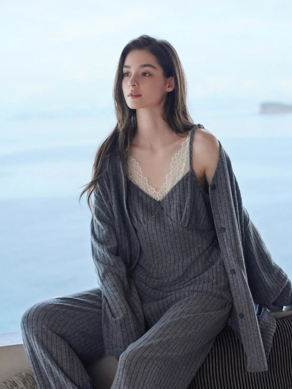 Gray Lace Trim Ribbed Pajama Set