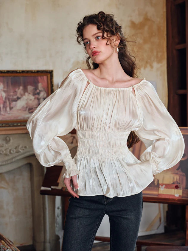 Pearl Ribbon Shirred Ivory Blouse
