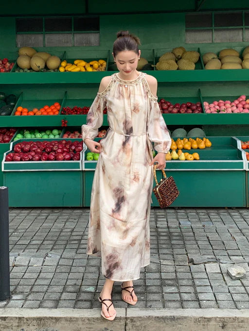 Elegant Cold-Shoulder Tie-Dye Dress