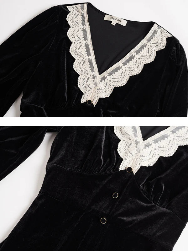 Lace Trim Vintage Velvet Elegance Dress