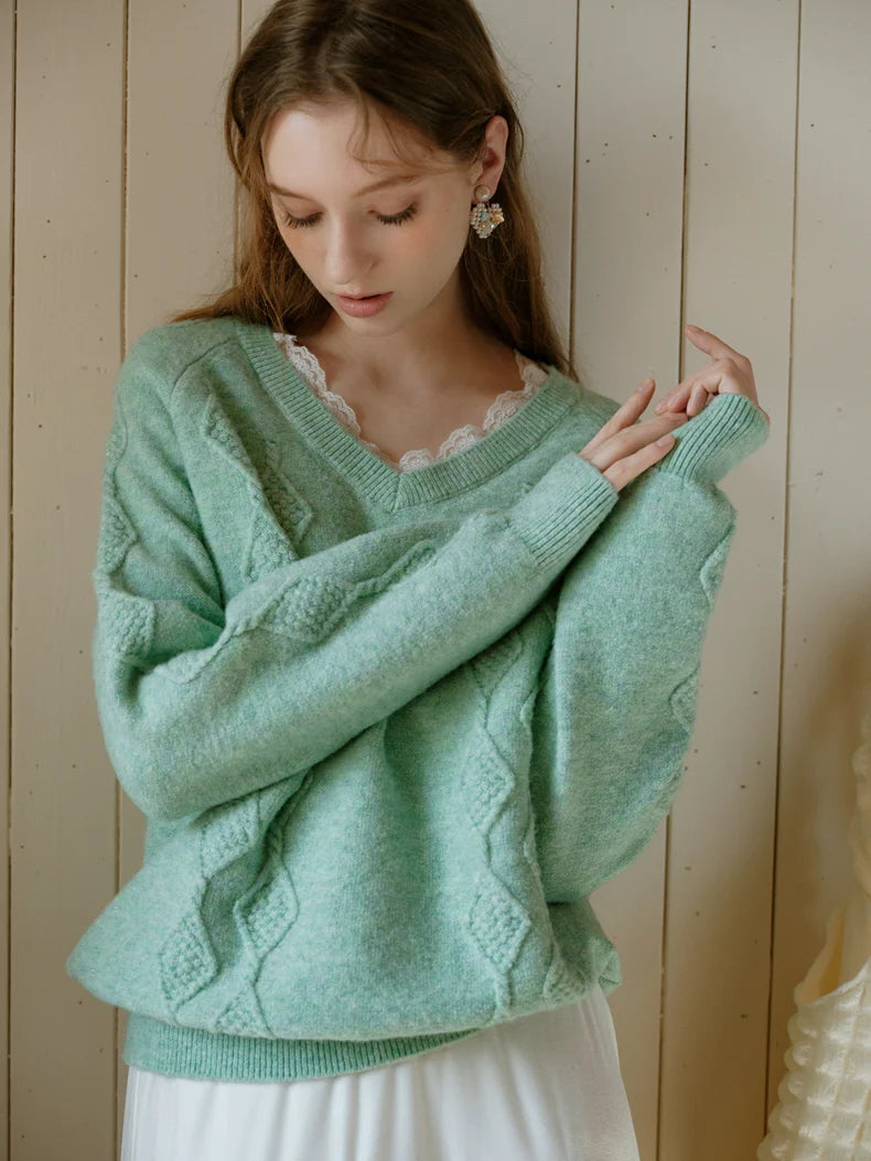 Pastel Lace-Trim Knit Sweater & Scarf