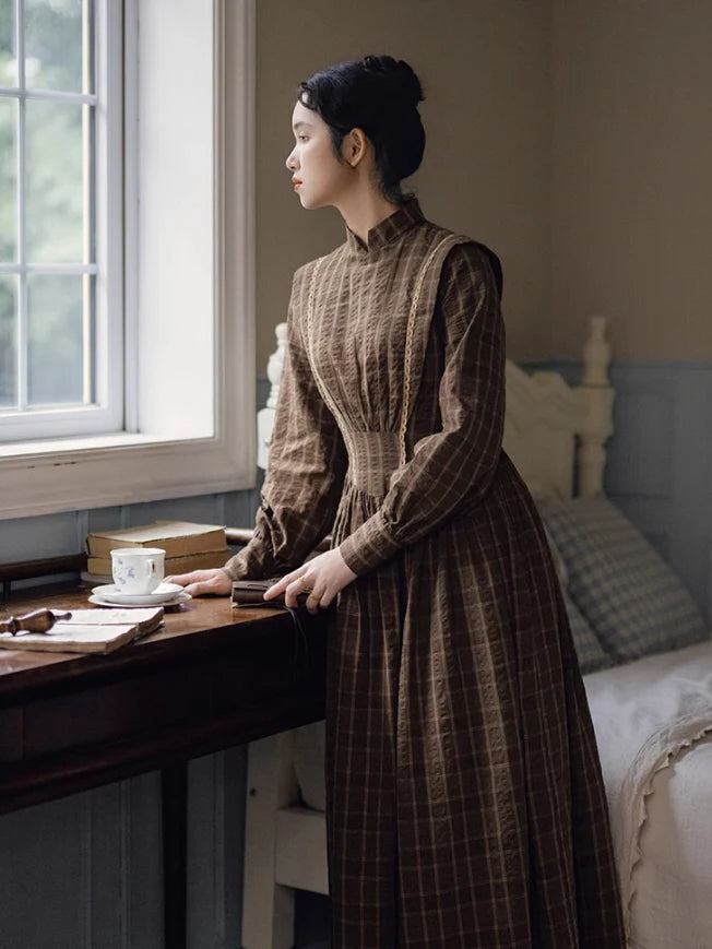 Victorian Plaid High-Neck Lace Trim Dress