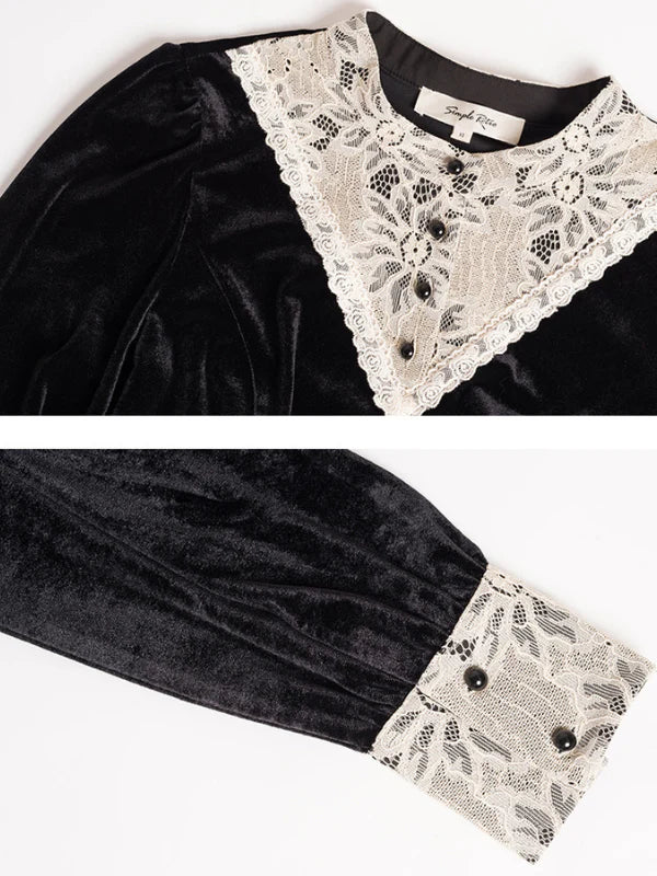 Victorian Lace Trim Black Velvet Blouse