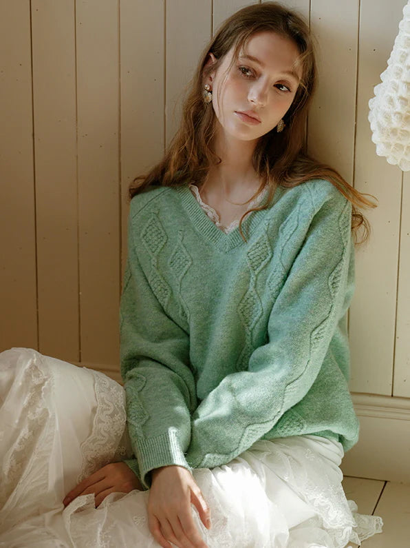 Pastel Lace-Trim Knit Sweater & Scarf