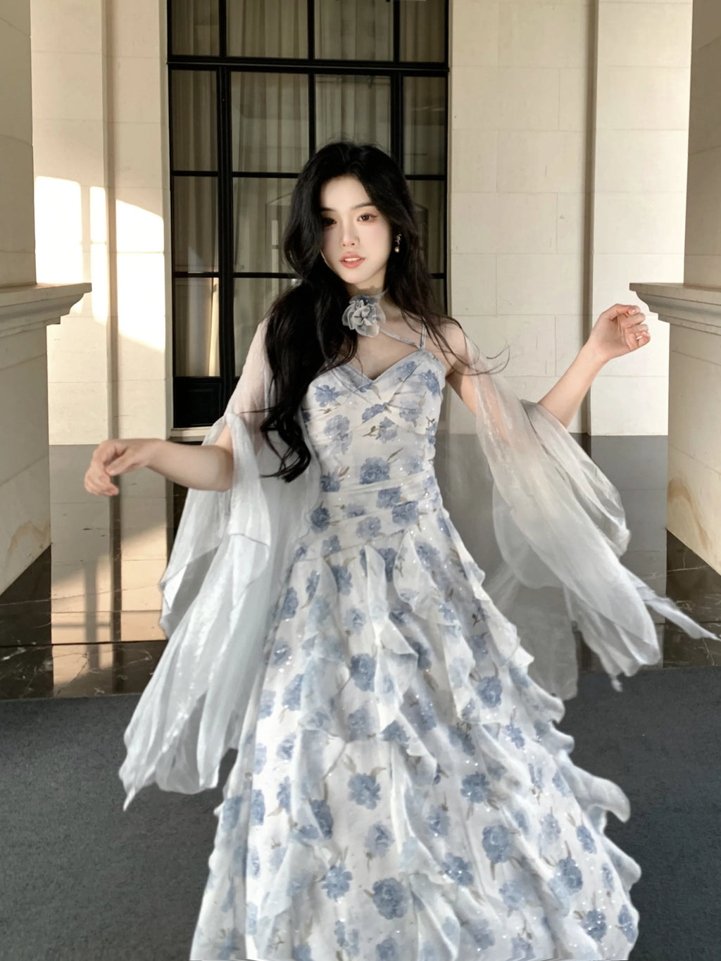 Whimsical Bloom Ruffle Chiffon Dress