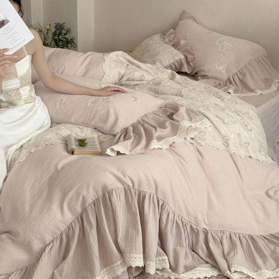 Pink Butterfly Lace Ruffle Bedding Set
