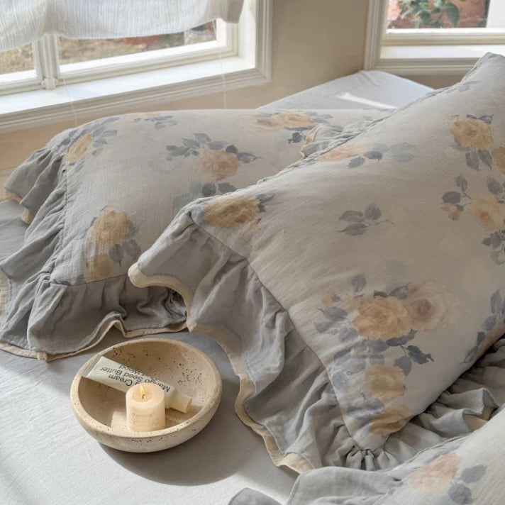 Dusty Blue Rose Print Ruffle Bedding Set