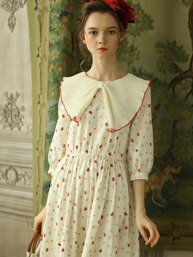 Pleated Collar Retro Floral Cotton Dress