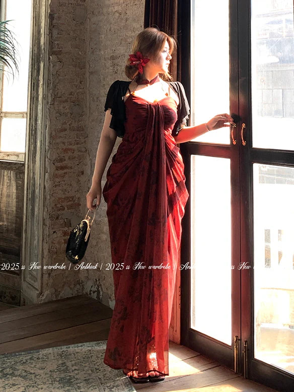 Crimson Rose Drape Dress