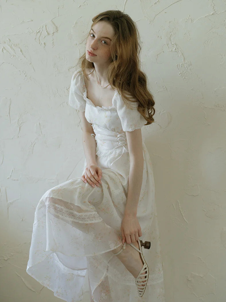 White Floral Corset Waist Dress