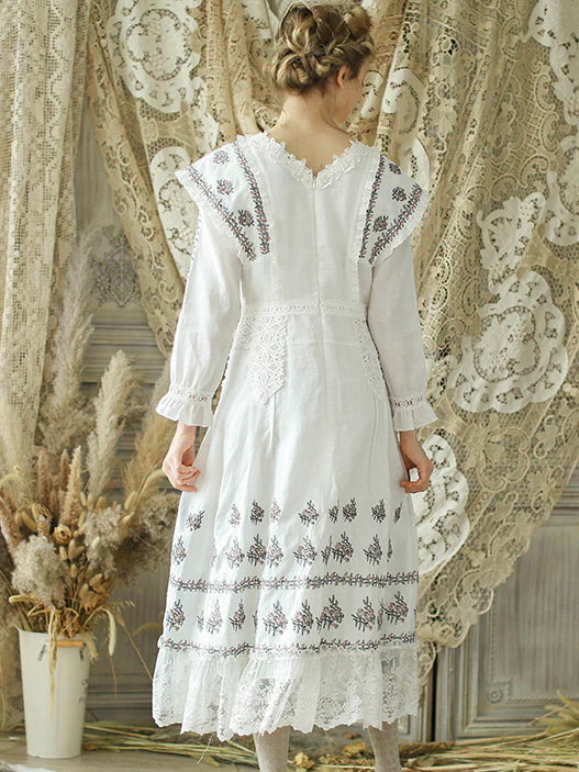 Victorian Floral Embroidered White Dress