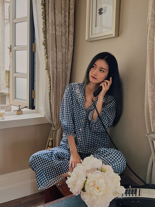 Navy Gingham Lace Collar Pajama Set