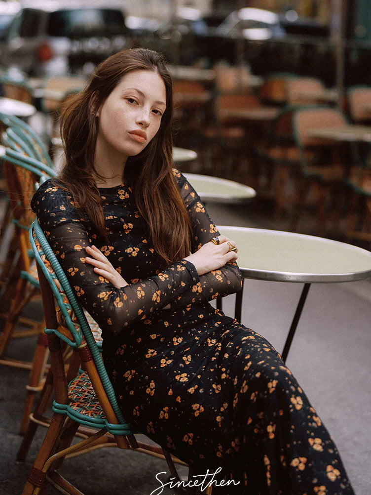 Midnight Blossom Off-Shoulder Mesh Dress