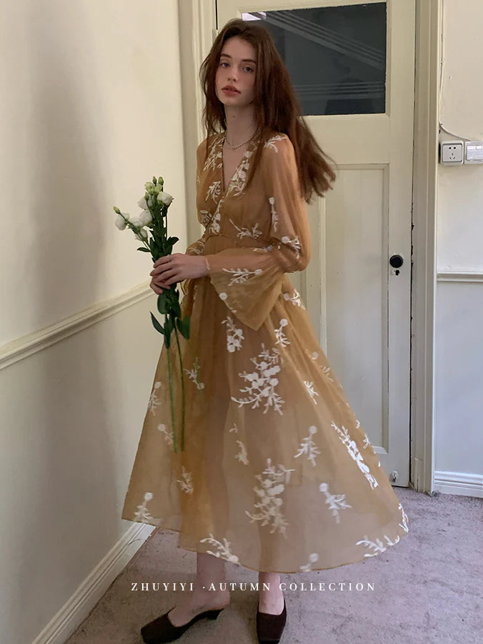 Golden Bloom Embroidered Sheer Dress