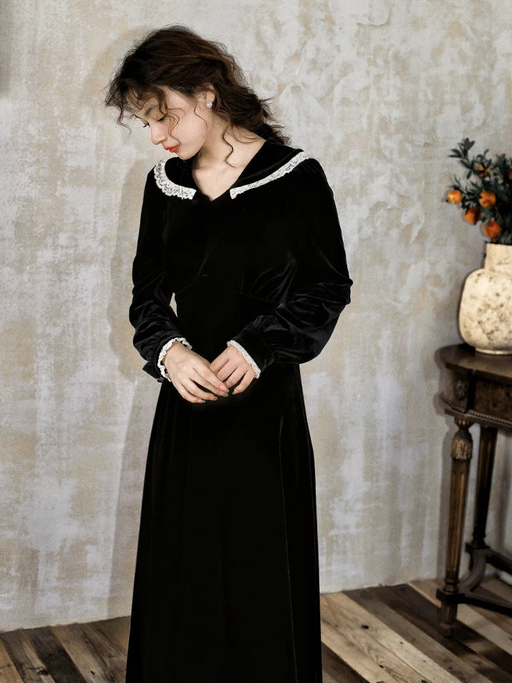Velvet Lace Collar Black Dress