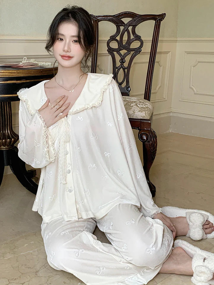 Whimsical Bow Lace Trim Loungewear Set