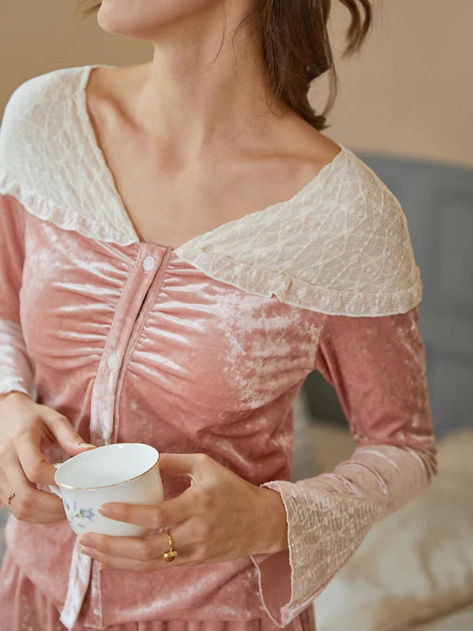 Blush Velvet Lace-Trim Pajama Set