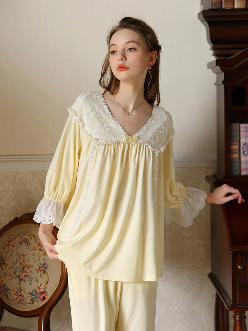 Floral Lace Trim Cotton Pajama Set