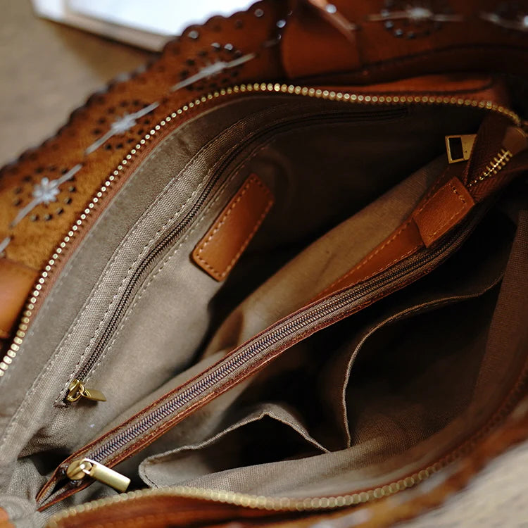 Scalloped Edge Genuine Leather Tote Bag