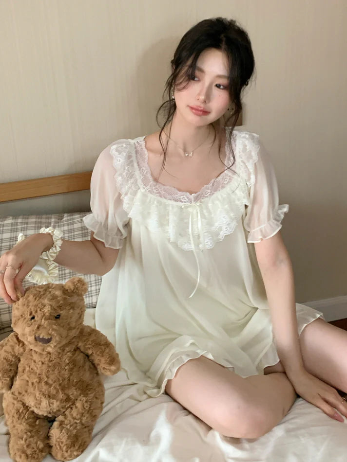 Blush Ruffle Lace Chiffon Pajama Set