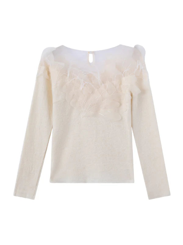 Elegant Floral Appliqué Knit Blouse