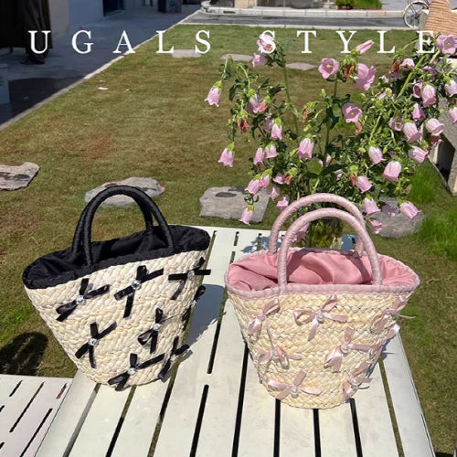Summer Vacation Straw Ribbon Tote Bag