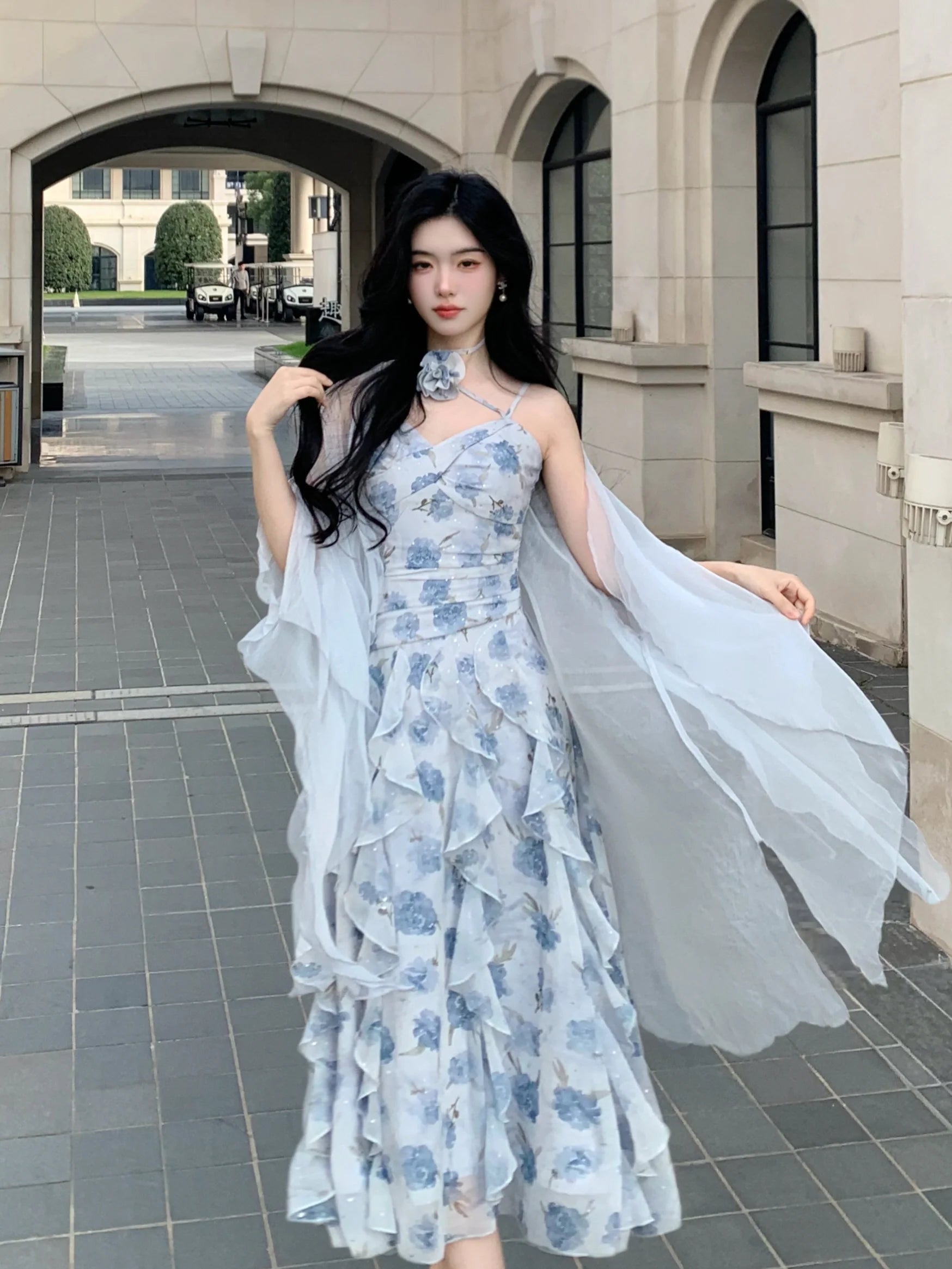 Whimsical Bloom Ruffle Chiffon Dress