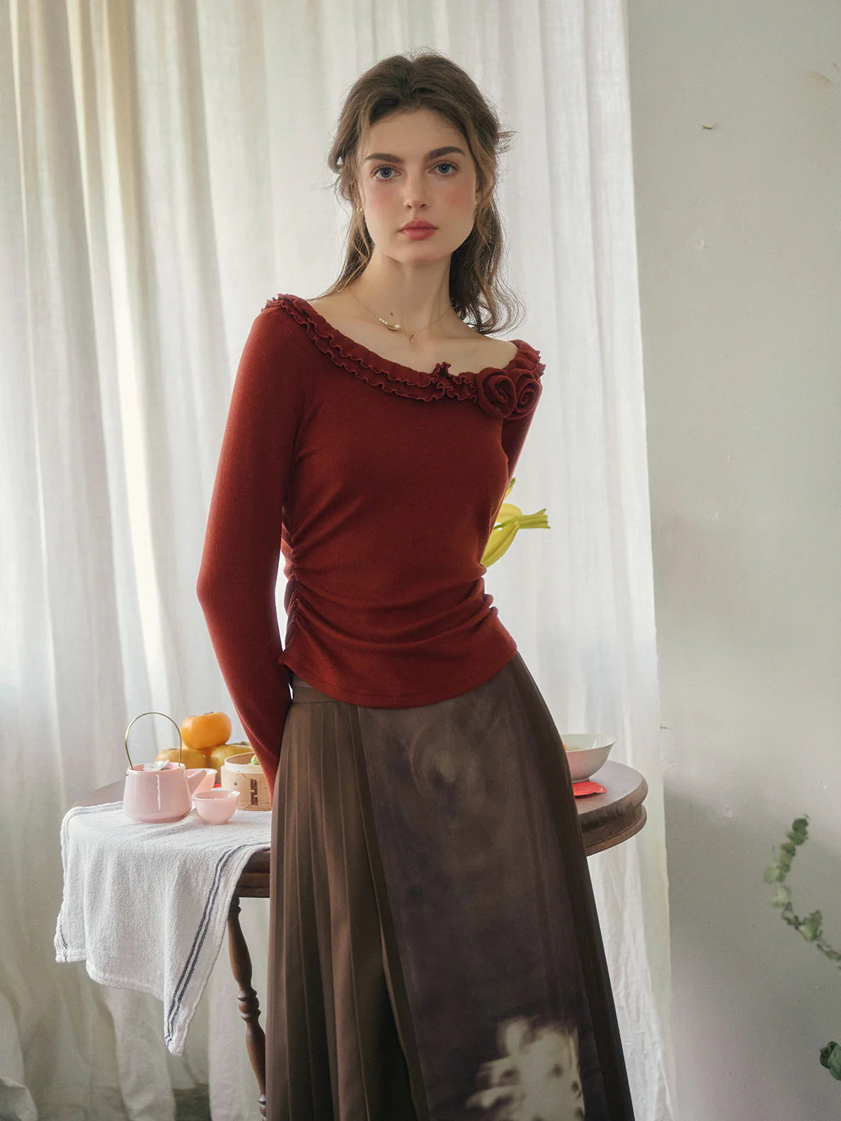 Rosette Ruffle Knit Top